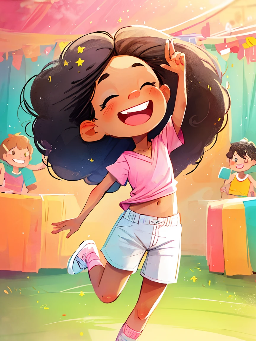 masterpiece, high quality, A cartoon little girl wearing a pink V-neck shirt and white shorts, Show your bright teeth, Big cute eyes, Super cute and stylish black-haired girl, Dance, J_Huiben