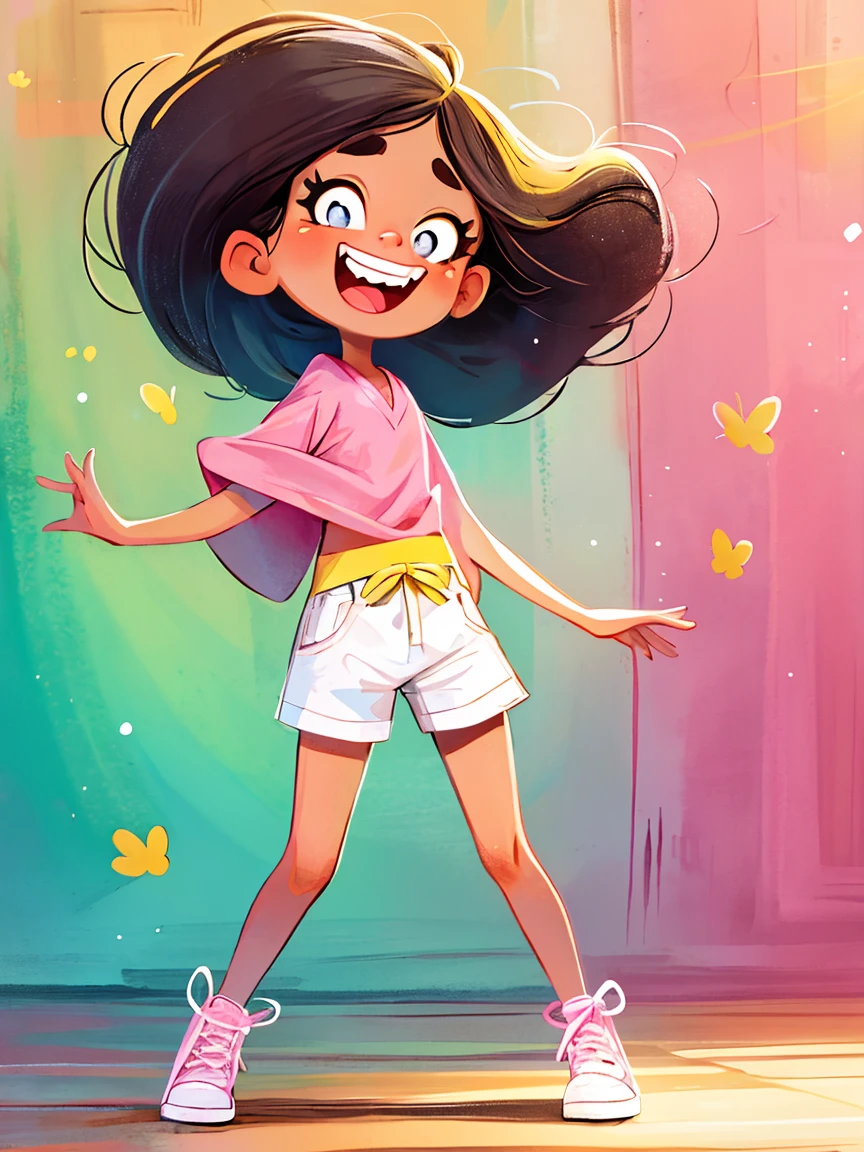 masterpiece, high quality, A cartoon *********** wearing a pink V-neck shirt and white shorts, Show your bright teeth, Big cute eyes, Super cute and stylish black-haired girl, Dance, J_Huiben