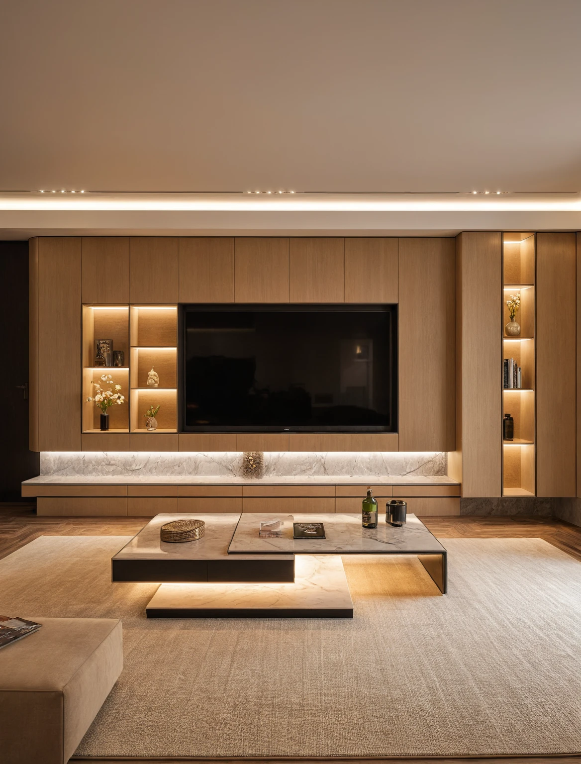 Raw photo,Masterpiece, high quality, best quality, authentic, super detail, interior , sunset, daylight, Modern luxury style living room, TV cabinet, TV, decorative cabinet, books, flower vases, bottles, tea table, tray, wine bottle, open book, carpet, wooden floor, curve, marble cliffs,