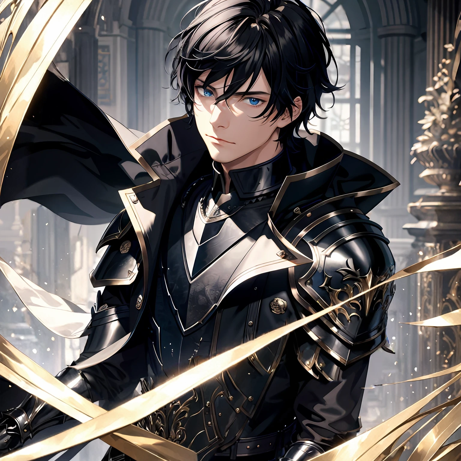 masterpiece, best quality, 1man, adult, male focus, solo, medium hair, black hair,, looking at viewer, cape, High quality metal texture, overcoat, closed mouth, upper body, bangs, high collar,(kbxll:0.6), Fantasy aesthetics, Highly detailed, shadowverse style, armored gloves, metallic gloves, black armor
