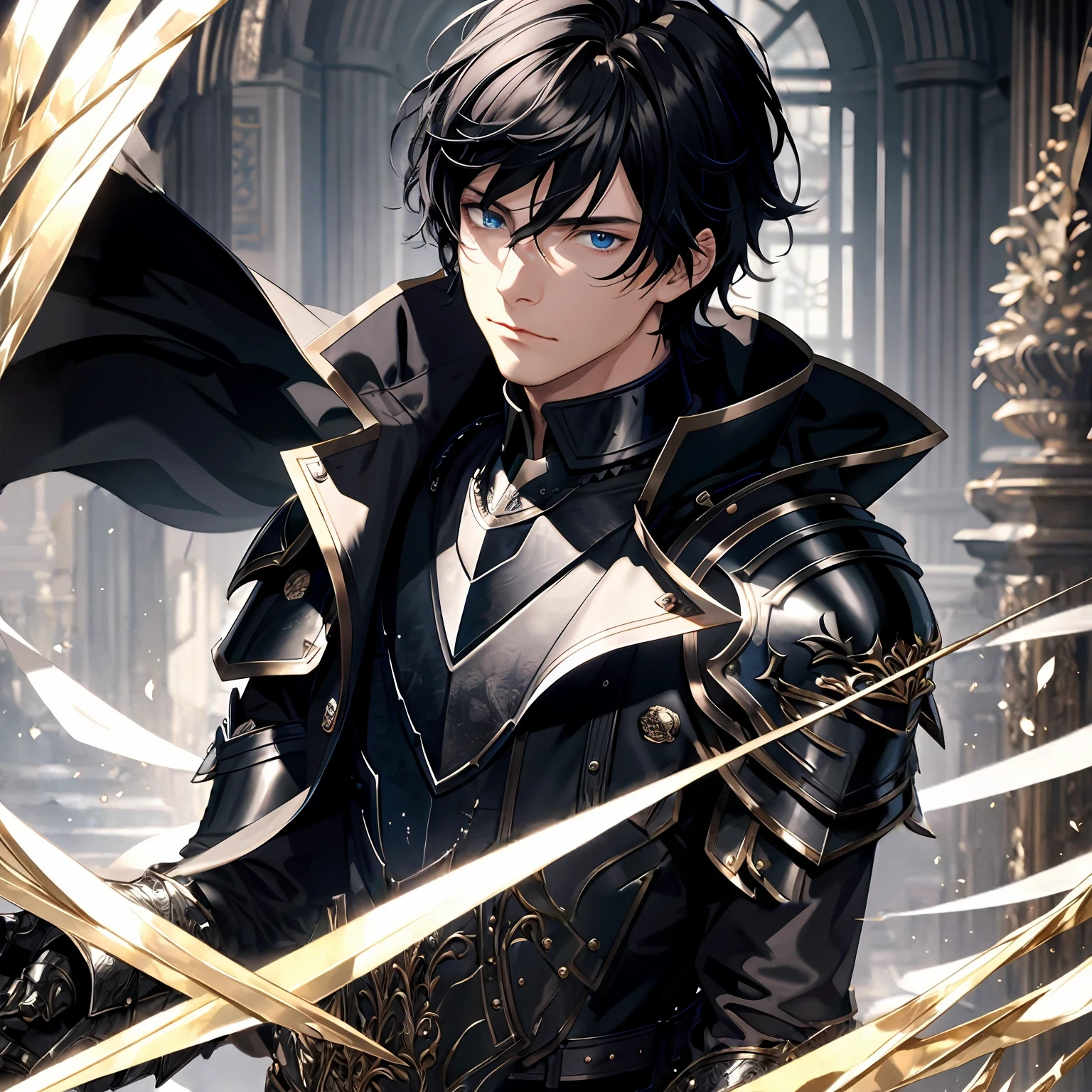 masterpiece, best quality, 1man, adult, male focus, solo, medium hair, black hair,, looking at viewer, cape, High quality metal texture, overcoat, closed mouth, upper body, bangs, high collar,(kbxll:0.6), Fantasy aesthetics, Highly detailed, shadowverse style, armored gloves, metallic gloves, black armor