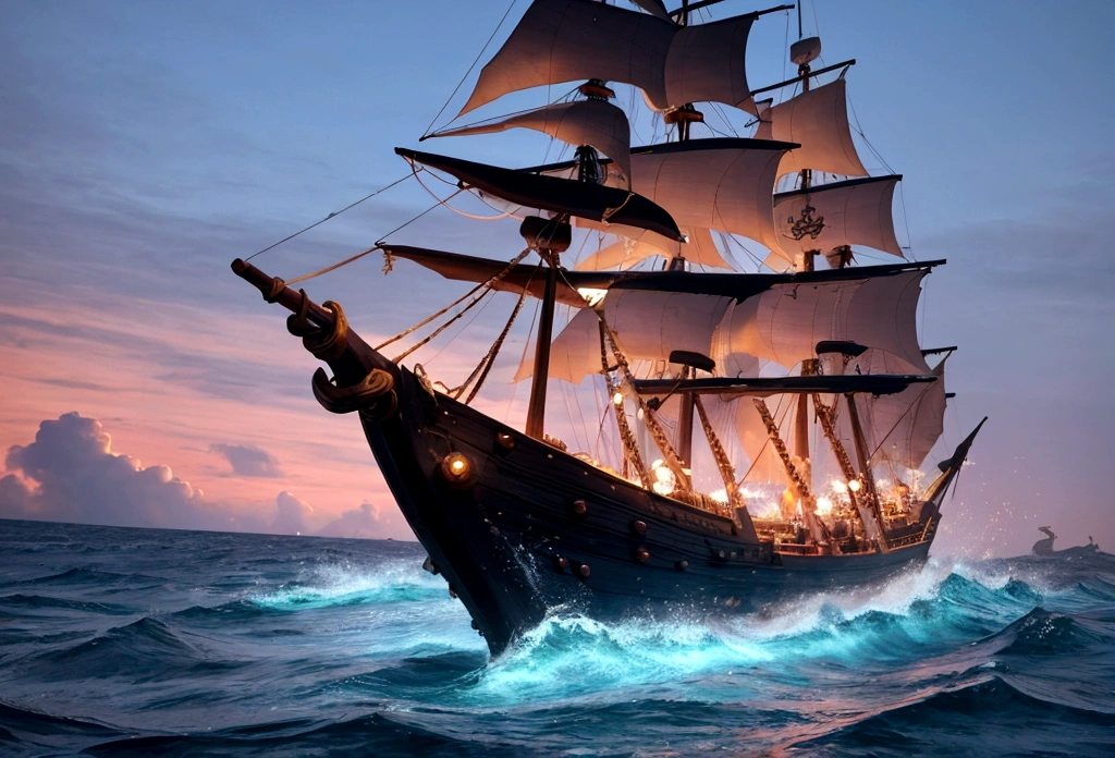 There is a pirate ship on the sea、3D illustration of a fish jumping over it