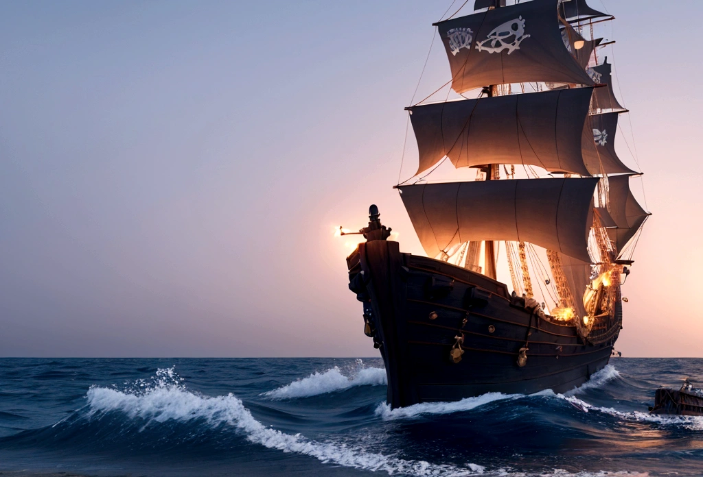 There is a pirate ship on the sea、3D illustration of a fish jumping over it