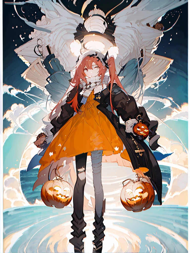 A girl，（Standing picture），（whole body），Character Design，Long hair，Fashion Design，Complex headdress，Complex clothes，cute，scarf，Everyday wear，Skeleton，bandage，Bandage，Pumpkin pants，Red Hair，Blue decoration