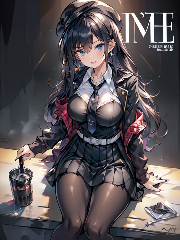 (from above:1.2),(Beautiful Allafed Woman),(((emphasizing breasts:1.0))),(Dynamic angles),(Dynamic and sexy bending pose:1.3),(sit a chair:1.3),(masterpiece:1.2), (Military uniform magazine cover:1.4),best quality,PIXIV,Sweet girl , sexy posture,1girl, (perky chest:1.2), rolling ??????? by wind:1.6, (with sparkling eyes and a contagious smile),open mouth, (pointed chest:1.2),fishnets, black hair, boots, long hair, black nails, skirt, shirt, solo, black footwear, bag, black skirt, jewelry, sitting, jacket, on head, black jacket, thigh strap, bangs, necktie, earrings, nail polish, white shirt, fishnet pantyhose, pantyhose, platform footwear, multicolored hair, looking at viewer, full body, bottle, own hands together, belt, jacket on shoulders, food, animal on head, black necktie, ring, choker, english text, collared shirt, blue eyes, platform boots, hat, cross-laced footwear, lace-up boots ,A scene of cooking in the kitchen