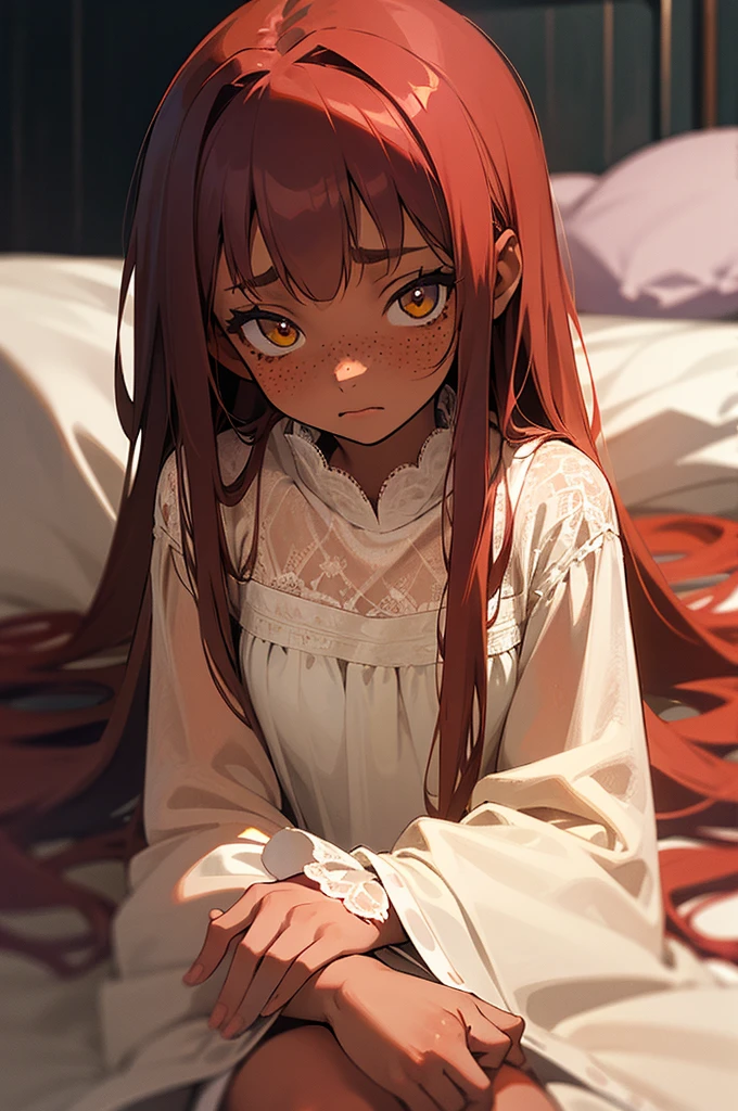 Cute face, girl, 12 years old, yellow eyes, tan skin, freckles silky red long hair, white lace nightgown, sad expression, midnight, dark room, lying on bed in bedroom, gazing at the camera, upper body