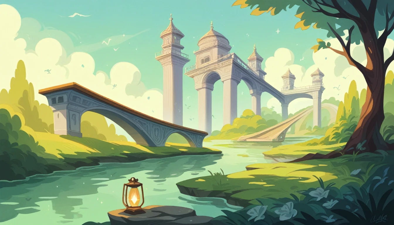 Find inner peace in a Zen garden where meticulously raked gravel forms mesmerizing patterns around smooth river stones. Towering bamboo stalks sway gently in the breeze, creating a rhythmic rustling sound. A tranquil pond reflects the clear blue sky and the arched bridge that spans its surface. Lanterns cast soft, warm light as dusk settles over this serene sanctuary.