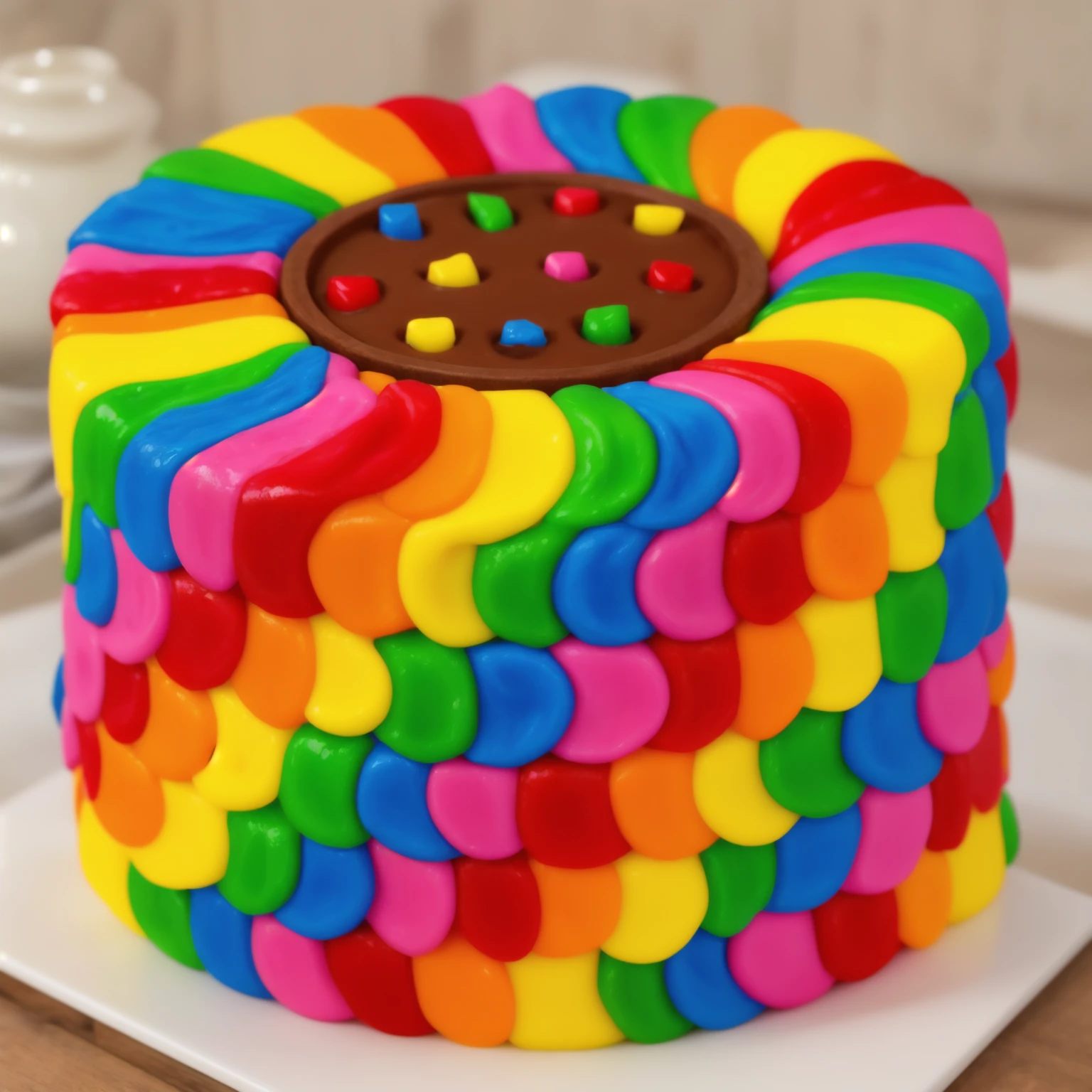 on a wooden table. there is a square white plate. rainbow cream cake. smears of cream in a checkerboard pattern, hole with chocolate drips on top,  ((cream highlights)), against the background of the kitchen, window in the background, vases with plants, Fruit basket, Beautiful light from the window, contour light, Multiple light sources, beautiful sunlight, Bright light source, bright lighting, beautiful light sources, Multiple light sources, Realistic style , realistic texture, detailed texture, A high resolution, high quality, macro photography 