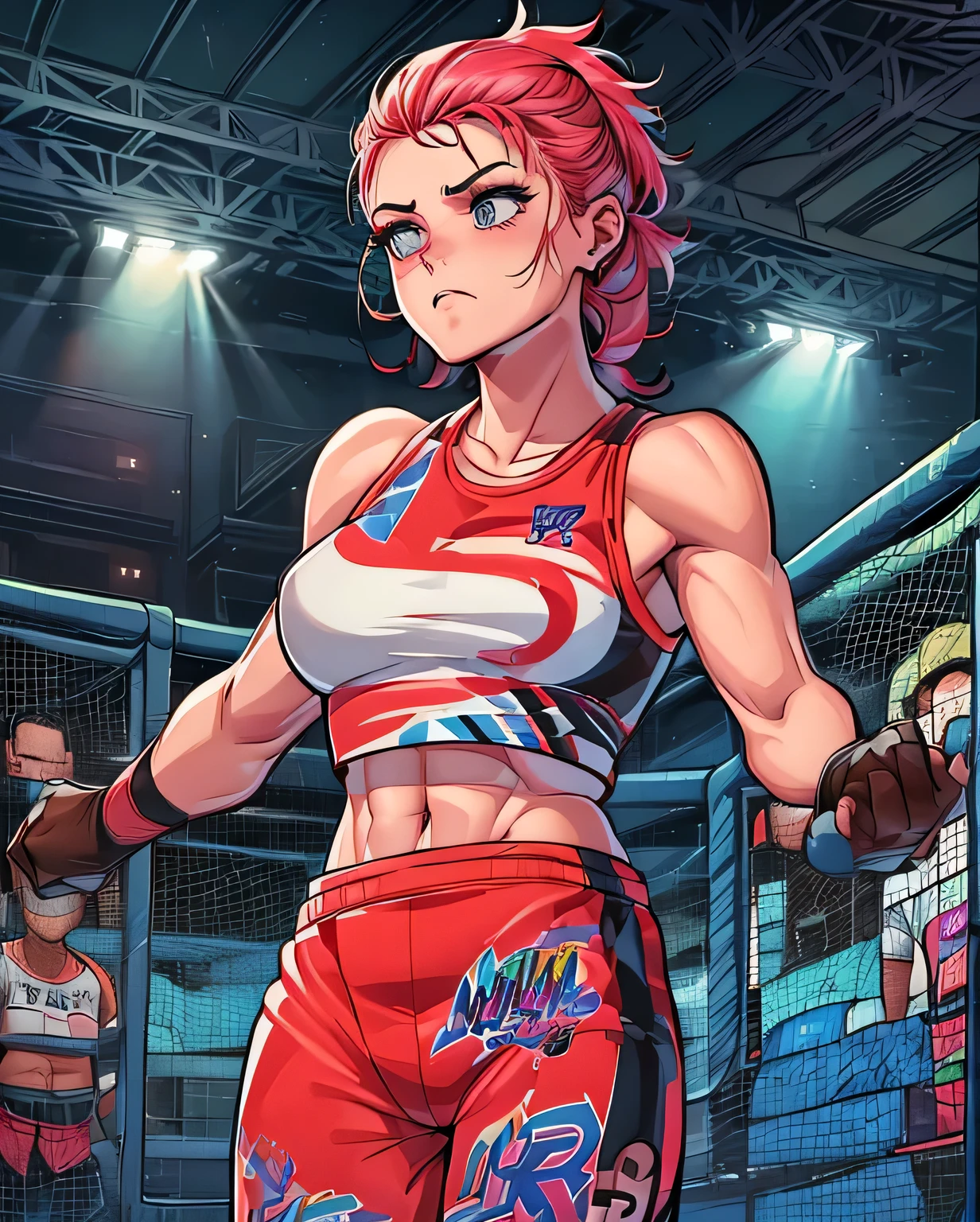 ((Pro wrestling match venue))((Guts pump)) ((look up at the ceiling))((Flashy professional wrestler costume))(((Female professional wrestler))) (((Muscular))) Female (((Abs)))(((female professional wrestler)))) cleavagelarge monitorPro wrestling lighting match venue cocktail light crowd,,