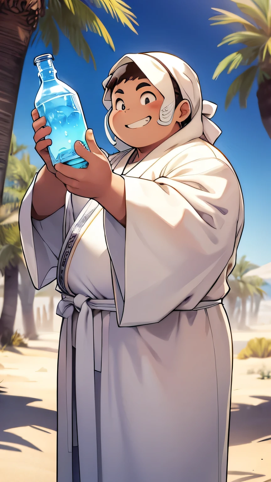 fat Boy，In the desert，Arabian white robe，daytime，solo，Holding a bottle of water，sinister smile，
