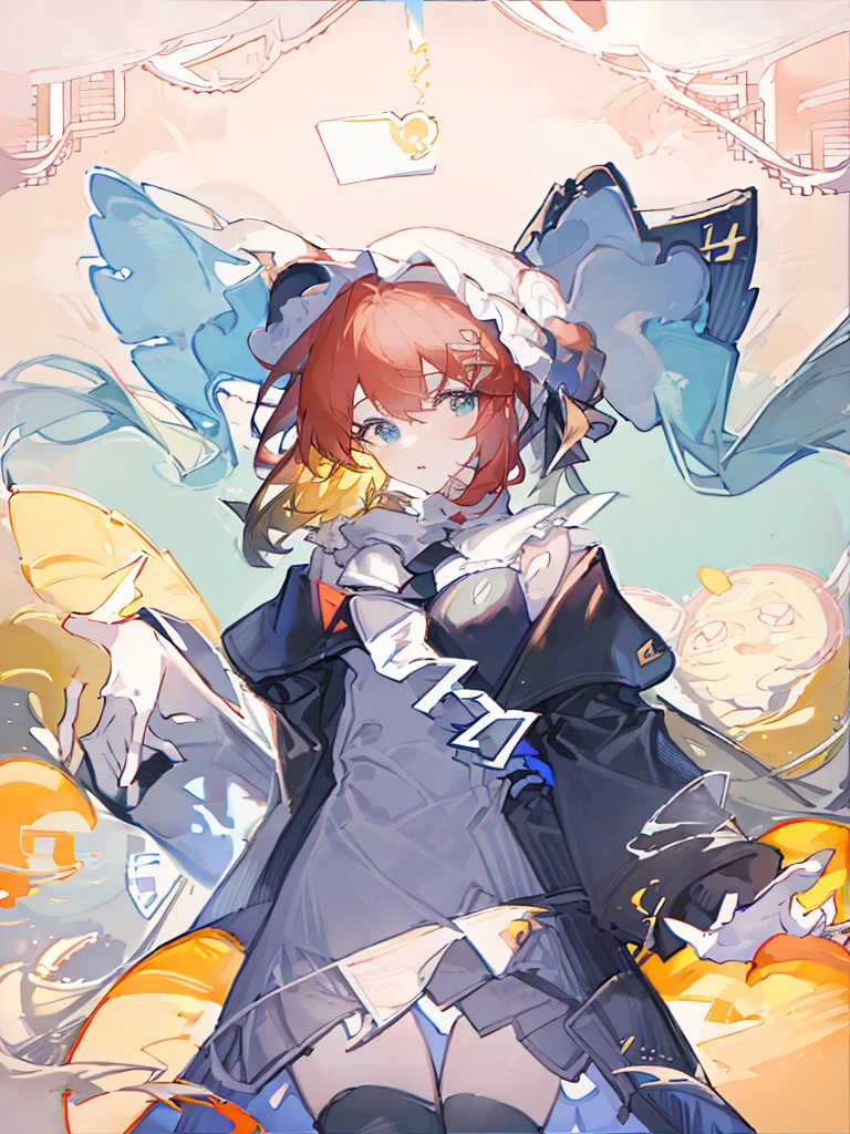 A girl,(Standing picture),(whole body),Character Design,Long hair,Fashion Design,Complex headdress,Complex clothes,cute,scarf,Everyday wear,Skeleton,bandage,Bandage,Pumpkin pants,Red Hair,Blue decoration