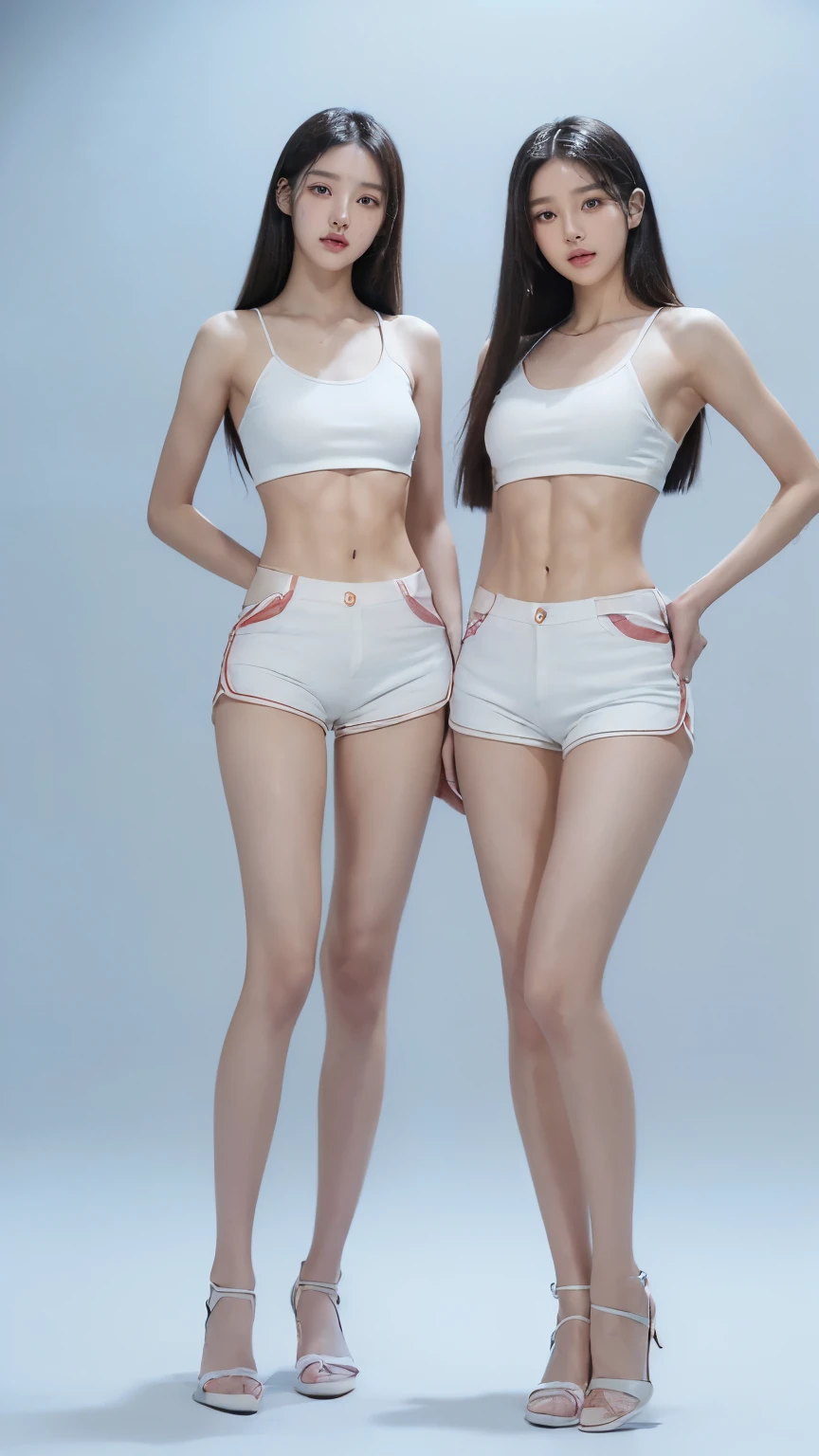 (8K、Raw photo、最high quality、masterpiece:1.5),(((((((Both of them stand with their legs apart:1.9))))))),(((((Both of them have an inseam that is more than half their height.:1.8))))),((Both have bare legs:1.6)),((Both of them are super slim:1.4))，(((((Two girls who look just like WONYOUNG from the k-pop group IVE were photographed:1.9))))),(((They both have super skinny legs:1.6))),(((Both are 173cm tall:1.4))),((Perfect k-pop IVE WONYOUNG style duo:1.4)),(((((Both of them take full body shots:1.8))))),((((Both of you should face your whole body straight ahead.:1.8)))),(((Photographed from below to show the whole body of the legs so that they look longer.:1.7))),Skin irregularities are reproduced in minute detail:1.4, (Super thin waist: 1.2),((超Thin thighs:1.3)), Thin buttocks,Open the navel,１Detailed reproduction of the navel,((Perfect super slim legs:1.3)),(((both of them are the same height:1.3))),(((Both of them have amazingly slim figures.:1.2))),(((Both are wearing micro shorts with a rise of 15cm and an inseam of 1cm.:1.8))),(Both are ************:1.2),((((Both of them are extremely exposed.:1.7)))),(((((Both of them have super-strong abs:1.9))))),((Both of them were wearing short, form-fitting white sports bras.:1.4)),(((Big boobs but no bra:1.4))),(((Both of them had high, erect nipples clearly visible protruding from under their white sports bras.:1.4))),((((Standing in a fashionable theme park on a sunny day:1.4)))),Highly detailed face and skin texture,(Both of you stand with your legs straight and without bending your knees.:1.3),(((They&#39;re both the same height:1.4))),((Both of them look just like WONYOUNG from the K-pop idol IVE.:1.8)), ((((Sunny afternoon:1.3)))),((cute:1.4)),Both are fair-skinned Asians,,Both of them have beautiful eyes,,Both of them have beautiful eyes,,Both of them have beautiful noses, which are realistically reproduced.,Both of them have realistic eyes.,Both have beautiful mouths,((They both have beautiful fingers)),nail,Both of them have beautiful faces.,Both of their beautiful faces are realistically reproduced.,cute,(Ultra-Realistic Details), Natural Shadows,(Very small hips:1.4),Large firm breasts, Super long thighs,(((超Thin thighs:1.2))),(((Super slim calves))),(Both of them have the slender bodies of well-trained track and field athletes.:1.5),(Super muscular body:1.5),Super toned waist,(Super thin waist:1.3),((White high heels:1.2)),lengthen limbs,(((((Shooting the whole body from calf height:1.6))))),(Both of them have slim, toned ankles.:1.2),((((Wide open abdomen:1.5)))),Hands on hips,Both of them face forward,((Both figures have detailed and clear reproduction of the crotch area.)),((Super long legs:1.3)),Thin thighs,((Both of them have bare legs.:1.6)),((Both of them are showing off their legs in a very extreme way.:1.5),((Both of them are showing off their bellies in an extremely extreme way.:1.4),(Black hair ponytail),(Neither of them wears tights or socks.:1.5),((Both of them stand up straight.)),((Keep your hips facing forward:1.5)),2人とも8頭身スタイルBeauty,The ankles are super thin,The arms are very thin and muscular,Make your arms thinner,(((Clearly reproduces the skin texture of the legs down to the finest detail))),Faithfully reproducing the fingers of the hand,(Both of them have super long legs.),(Accurate reproduction of each finger:1.3),(((Each toe is accurately reproduced:1.2))),The middle of the thighs are very thin,(((Clearly reproduces the muscle texture of ultra-muscular and ultra-thin calf skin))),(((超筋肉質な超Thin thighsの肌の筋肉質感を明確に再現する))),(Very tight waist:1.2),((Both of them have an inseam that is more than half their height.の美脚:1.6)),(Extremely thin thighs:1.3),Beauty,Fine skin,Firm skin,(((Both of them should fit from the top of their heads to the toes of their heels.:1.5))),(((They both have super skinny legsの肌を細部まで忠実に再現する))),(Both of them are super muscular and have super thin legs with realistic skin.:1.3),((Realistically reproduces the fine details of toned, slender leg skin:1.3)),((Dazzling Midsummer)),(((Both of them have super-strong quadriceps:1.6))),(((Both of them have extremely well-trained gastrocnemius and soleus muscles.:1.6))),((2人とも超細くてSuper long legs:1.2)),Front lighting,Super detailed, High detail, high quality, Awards,High resolution,(Anatomically correct:1.5)　