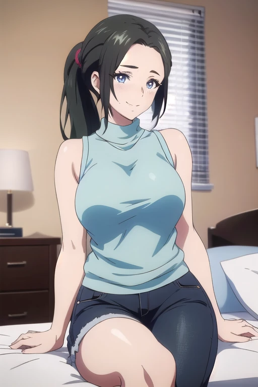 masterpiece, (best quality), 1woman,1girl ,haruhiko_ichijou_mother,  black hair, long hair ponytail,  (blue eyes),,average breasts ,, ,sexy woman,smile,  embarrassed,blush, sleeveless sweater, black jeans, vibrant colors ,natural lighting  ,RTX,  , beautiful, (detailed face:1.2), showcase, (perfect eyes:1.1) ,(photorealistic:1.1), 8k uhd,  looking at viewer, indoors,  bedroom, legs shown, feet shown, armpits