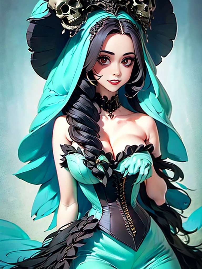 a painting of a woman with long hair and skulls on her head, goddess of death, by loish, beautiful necromancer, by Ryan Yee, by Pedro Pedraja, art contest winner on behance, corpse bride art style, by Juan Villafuerte, loish |, by Eddie Mendoza, by Max Buri, by André Castro