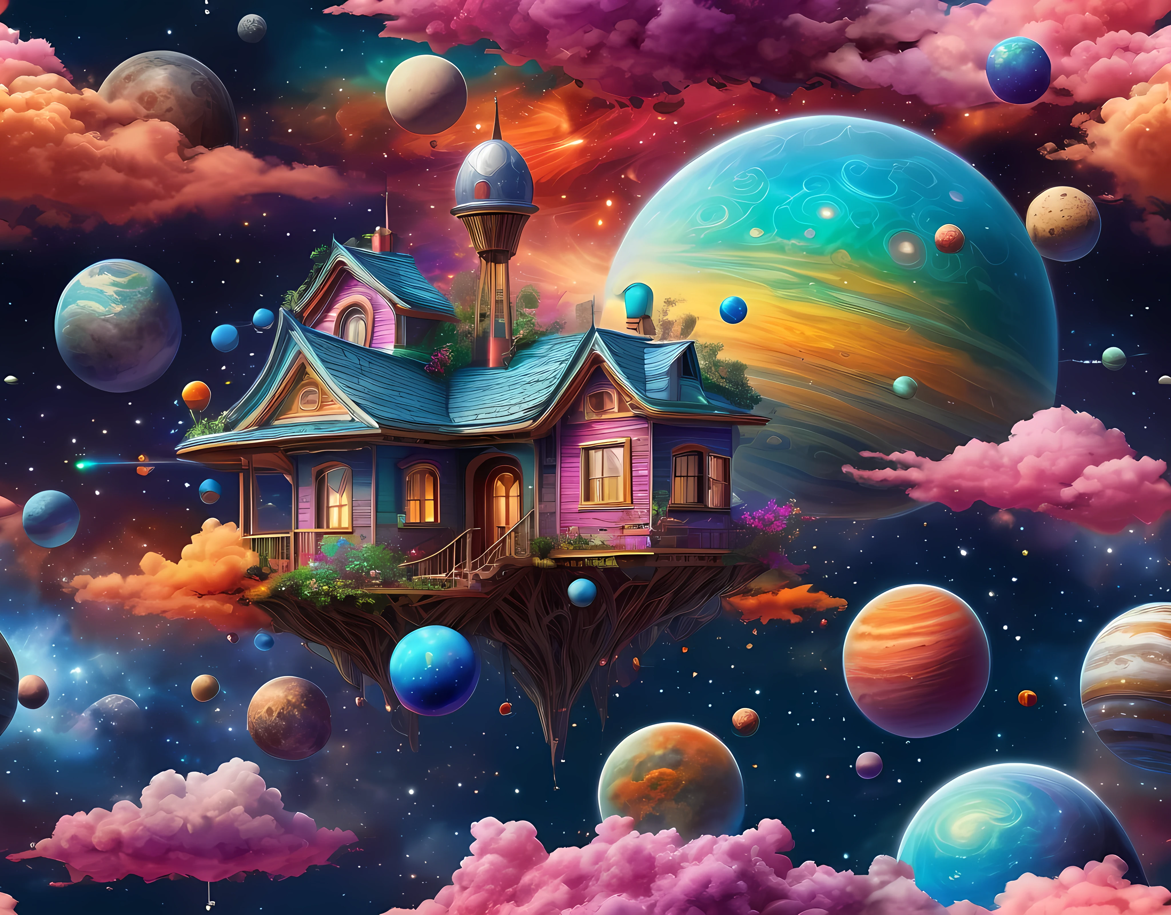 colorful, highly detailed, best quality, floating house on the clouds, colorful planets in the cosmos