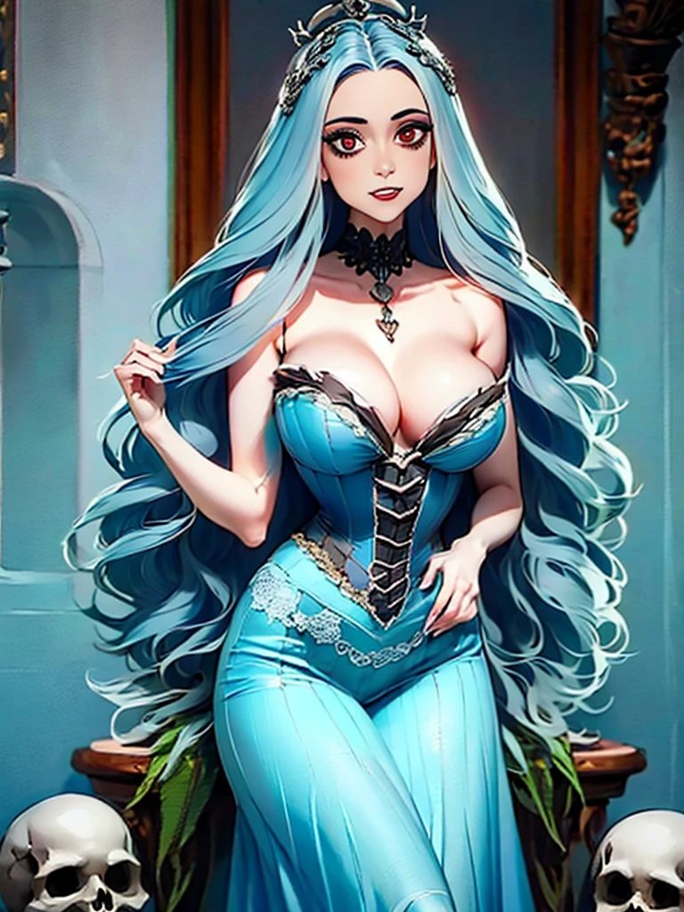 a painting of a woman with long hair and skulls on her head, a gouache by loish, Artstation, gothic art, goddess of death, beautiful necromancer, art contest winner on behance, corpse bride art style, loish |, queen of death, skulls at her hips, jen bartel, beautiful necromancer girl