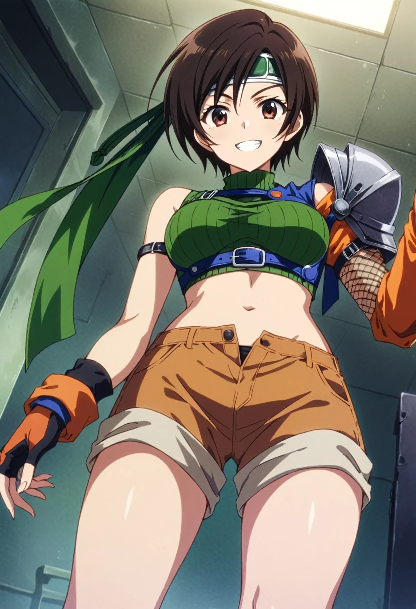 core_9, score_8_up, score_7_up,,BREAK source_anime, from below,low angle ,standing,crouching,straight-on,medium shot,looking_at_viewer,1girl, yuffie kisaragi, final fantasy, short hair,headband,navel,sleeveless,turtleneck,brown eyes,sleeveless turtleneck,solo,breasts,looking at viewer,smile,gloves,crop top,brown hair,shorts,midriff,,sweater,open fly,fingerless gloves,ribbed sweater,medium breasts,yufi_kisaragi,grin,  (best quality),(aesthetic,very aesthetic),masterpiece, highres, (anime screenshot:0.5),