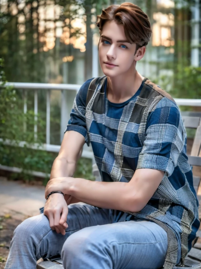 1 male teenager, deep blue eyes, curly brown hair, pale smooth skin, sitting outdoors, skinny jeans, plaid shirt, t-shirt, model, high detailed, hyperrealistic, 8k, ultra detailed, masterpiece, cinematic lighting, professional photography, natural setting, warm color tones, pale skin ultra realistic soft smooth skin, soft smile, wearing glasses