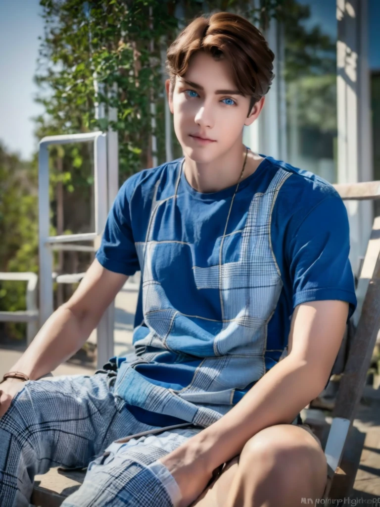 1 male teenager, deep blue eyes, curly brown hair, pale smooth skin, sitting outdoors, skinny jeans, plaid shirt, t-shirt, model, high detailed, hyperrealistic, 8k, ultra detailed, masterpiece, cinematic lighting, professional photography, natural setting, warm color tones, pale skin ultra realistic soft smooth skin, soft smile, wearing glasses