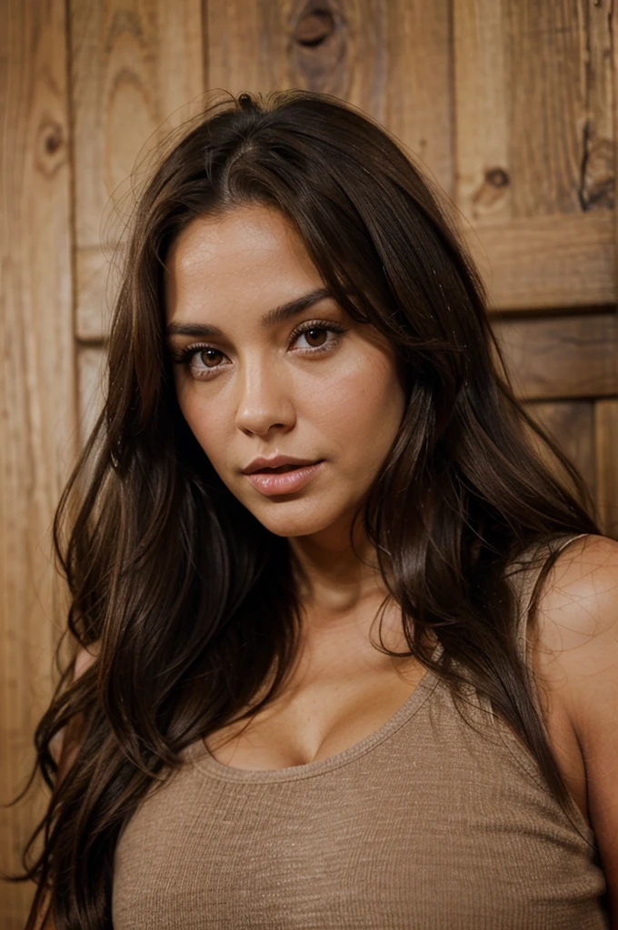 brunette woman, curvy, round head, brown eyes, beautiful lips, huge chest, European type, 35 years old, half-long hair, a little tanned, not very tall, looks from the front,