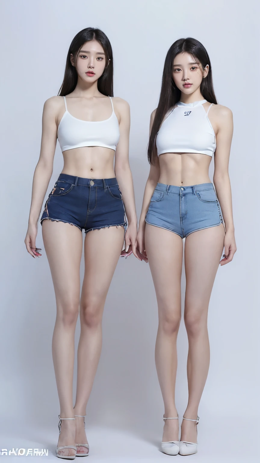 (8K、Raw photo、最high quality、masterpiece:1.5),(((((((Both of them stand with their legs apart:1.9))))))),(((((Both of them have an inseam that is more than half their height.:1.8))))),((Both have bare legs:1.6)),((Both of them are super slim:1.4))，(((((Two girls who look just like WONYOUNG from the k-pop group IVE were photographed:1.9))))),(((They both have super skinny legs:1.6))),(((Both are 173cm tall:1.4))),((Perfect k-pop IVE WONYOUNG style duo:1.4)),(((((Both of them take full body shots:1.8))))),((((Both of you should face your whole body straight ahead.:1.8)))),(((Photographed from below to show the whole body of the legs so that they look longer.:1.7))),Skin irregularities are reproduced in minute detail:1.4, (Super thin waist: 1.2),((超Thin thighs:1.3)), Thin buttocks,Open the navel,１Detailed reproduction of the navel,((Perfect super slim legs:1.3)),(((both of them are the same height:1.3))),(((Both of them have amazingly slim figures.:1.2))),(((Both are wearing micro shorts with a rise of 15cm and an inseam of 1cm.:1.8))),(Both are 16 years old:1.2),((((Both of them are extremely exposed.:1.7)))),(((((Both of them have super-strong abs:1.9))))),((Both of them were wearing short, form-fitting white sports bras.:1.4)),(((Big boobs but no bra:1.4))),(((Both of them had high, erect nipples clearly visible protruding from under their white sports bras.:1.4))),((((Standing in a fashionable theme park on a sunny day:1.4)))),Highly detailed face and skin texture,(Both of you stand with your legs straight and without bending your knees.:1.3),(((They&#39;re both the same height:1.4))),((Both of them look just like WONYOUNG from the K-pop idol IVE.:1.8)), ((((Sunny afternoon:1.3)))),((cute:1.4)),Both are fair-skinned Asians,,Both of them have beautiful eyes,,Both of them have beautiful eyes,,Both of them have beautiful noses, which are realistically reproduced.,Both of them have realistic eyes.,Both have beautiful mouths,((They both have beautiful fingers)),nail,Both of them have beautiful faces.,Both of their beautiful faces are realistically reproduced.,cute,(Ultra-Realistic Details), Natural Shadows,(Very small hips:1.4),Large firm breasts, Super long thighs,(((超Thin thighs:1.2))),(((Super slim calves))),(Both of them have the slender bodies of well-trained track and field athletes.:1.5),(Super muscular body:1.5),Super toned waist,(Super thin waist:1.3),((White high heels:1.2)),lengthen limbs,(((((Shooting the whole body from calf height:1.6))))),(Both of them have slim, toned ankles.:1.2),((((Wide open abdomen:1.5)))),Hands on hips,Both of them face forward,((Both figures have detailed and clear reproduction of the crotch area.)),((Super long legs:1.3)),Thin thighs,((Both of them have bare legs.:1.6)),((Both of them are showing off their legs in a very extreme way.:1.5),((Both of them are showing off their bellies in an extremely extreme way.:1.4),(Black hair ponytail),(Neither of them wears tights or socks.:1.5),((Both of them stand up straight.)),((Keep your hips facing forward:1.5)),2人とも8頭身スタイルBeauty,The ankles are super thin,The arms are very thin and muscular,Make your arms thinner,(((Clearly reproduces the skin texture of the legs down to the finest detail))),Faithfully reproducing the fingers of the hand,(Both of them have super long legs.),(Accurate reproduction of each finger:1.3),(((Each toe is accurately reproduced:1.2))),The middle of the thighs are very thin,(((Clearly reproduces the muscle texture of ultra-muscular and ultra-thin calf skin))),(((超筋肉質な超Thin thighsの肌の筋肉質感を明確に再現する))),(Very tight waist:1.2),((Both of them have an inseam that is more than half their height.の美脚:1.6)),(Extremely thin thighs:1.3),Beauty,Fine skin,Firm skin,(((Both of them should fit from the top of their heads to the toes of their heels.:1.5))),(((They both have super skinny legsの肌を細部まで忠実に再現する))),(Both of them are super muscular and have super thin legs with realistic skin.:1.3),((Realistically reproduces the fine details of toned, slender leg skin:1.3)),((Dazzling Midsummer)),(((Both of them have super-strong quadriceps:1.6))),(((Both of them have extremely well-trained gastrocnemius and soleus muscles.:1.6))),((2人とも超細くてSuper long legs:1.2)),Front lighting,Super detailed, High detail, high quality, Awards,High resolution,(Anatomically correct:1.5)　