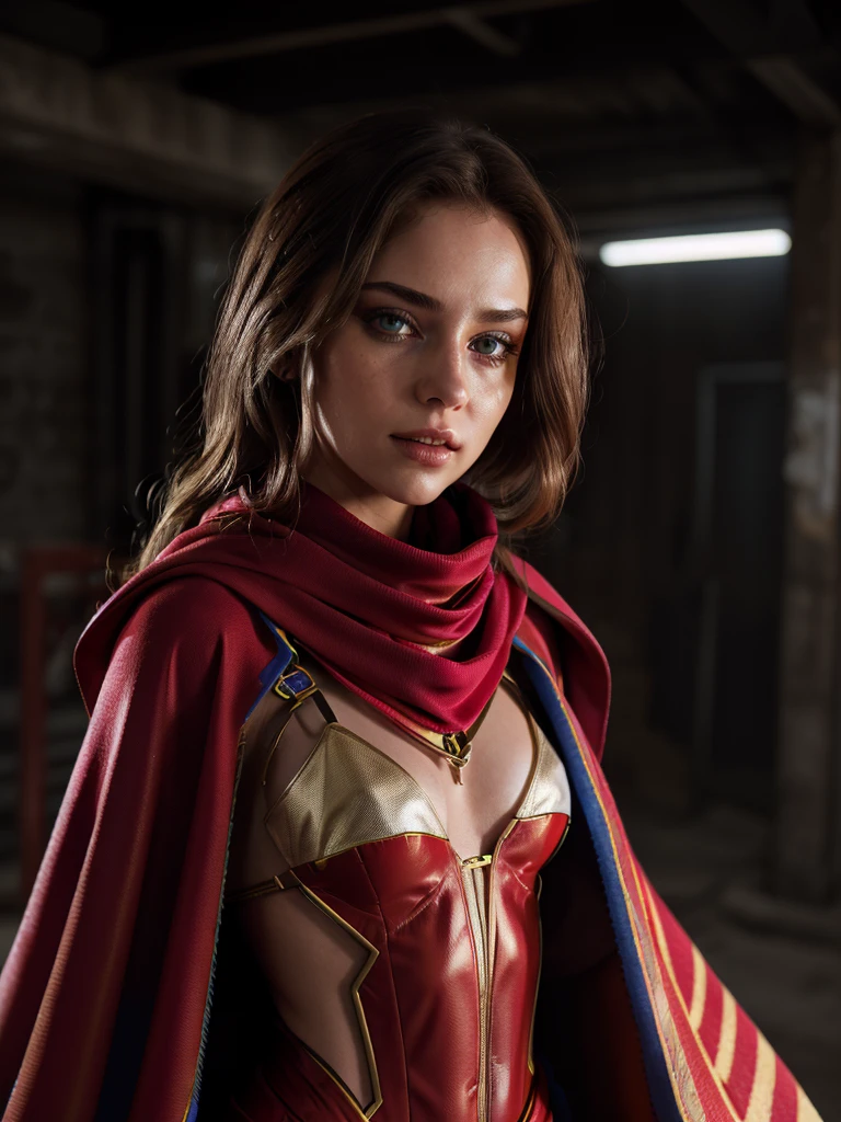 Bust ((Half body)) hyperrealistic masterpiece, Superhero girl ((Weird aesthetic style)), chica de 25 años, pelirroja, preciosa, ojos grises, mucho pecho, hermosa, in an extremely detailed technological plugsuit ((with scarf & red cape)), luminous lighting: 8k