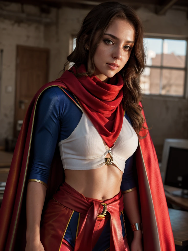 Bust ((Half body)) hyperrealistic masterpiece, Superhero girl ((Weird aesthetic style)), chica de 25 años, pelirroja, preciosa, ojos grises, mucho pecho, hermosa, in an extremely detailed technological plugsuit ((with scarf & red cape)), luminous lighting: 8k