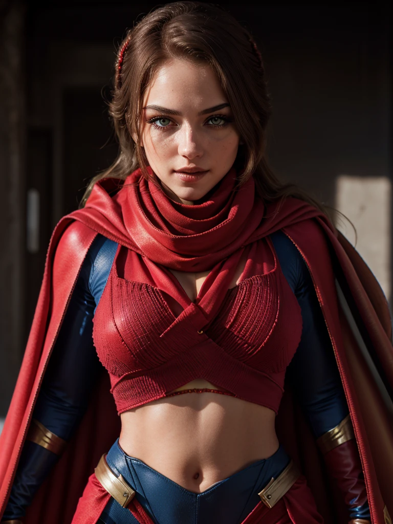 Bust ((Half body)) hyperrealistic masterpiece, Superhero girl ((Weird aesthetic style)), chica de 25 años, pelirroja, preciosa, ojos grises, mucho pecho, hermosa, in an extremely detailed technological plugsuit ((with scarf & red cape)), luminous lighting: 8k