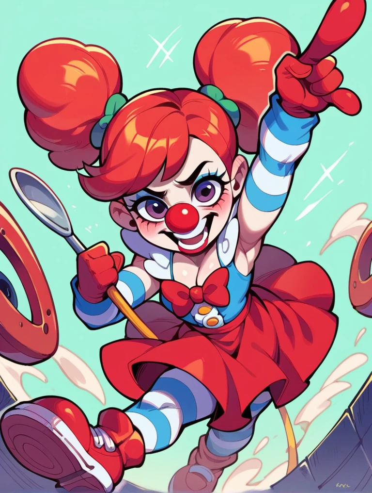 Draw me a circus made entirely of iron, her hair is short and red, she wears a red skirt, her clown shoes are red, her eyes are green and her nose is red, and from the world of electronic games in insurance.