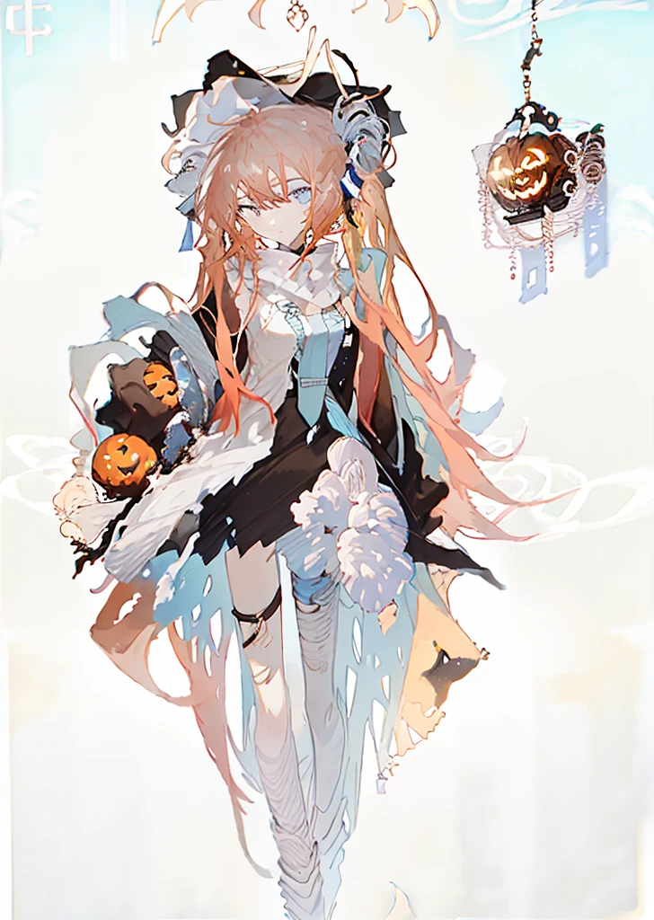 A girl，（Standing picture），（whole body），Character Design，Long hair，Fashion Design，Complex headdress，Complex clothes，cute，scarf，Everyday wear，Skeleton，bandage，Bandage，Pumpkin pants，Red Hair，Blue decoration