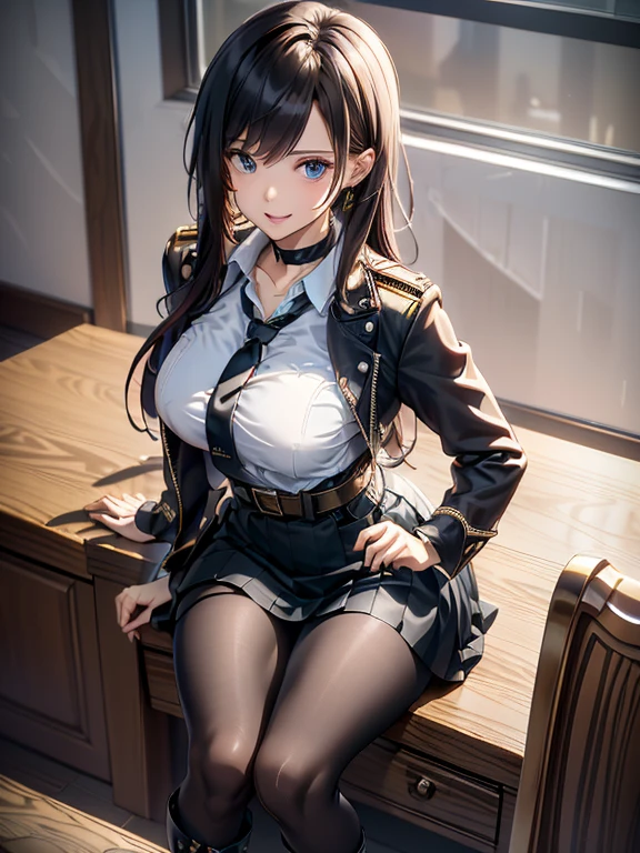 (from above:1.2),(Beautiful Allafed Woman),(((emphasizing breasts:1.0))),(Dynamic angles),(Dynamic and sexy bending pose:1.3),(sit a chair:1.3),(masterpiece:1.2), (Military uniform magazine cover:1.4),best quality,PIXIV,Sweet girl , sexy posture,1girl, (perky chest:1.2), rolling upskirt by wind:1.6, (with sparkling eyes and a contagious smile),open mouth, (pointed chest:1.2),fishnets, black hair, boots, long hair, black nails, skirt, shirt, solo, black footwear, bag, black skirt, jewelry, sitting, jacket, on head, black jacket, thigh strap, bangs, necktie, earrings, nail polish, white shirt, fishnet pantyhose, pantyhose, platform footwear, multicolored hair, looking at viewer, full body, bottle, own hands together, belt, jacket on shoulders, food, animal on head, black necktie, ring, choker, english text, collared shirt, blue eyes, platform boots, hat, cross-laced footwear, lace-up boots ,A scene of cooking in the kitchen
