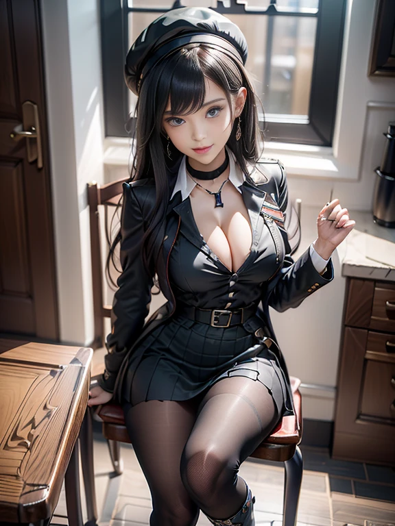 (from above:1.2),(Beautiful Allafed Woman),(((emphasizing breasts:1.0))),(Dynamic angles),(Dynamic and sexy bending pose:1.3),(sit a chair:1.3),(masterpiece:1.2), (Military uniform magazine cover:1.4),best quality,PIXIV,Sweet girl , sexy posture,1girl, (perky chest:1.2), rolling upskirt by wind:1.6, (with sparkling eyes and a contagious smile),open mouth, (pointed chest:1.2),fishnets, black hair, boots, long hair, black nails, skirt, shirt, solo, black footwear, bag, black skirt, jewelry, sitting, jacket, on head, black jacket, thigh strap, bangs, necktie, earrings, nail polish, white shirt, fishnet pantyhose, pantyhose, platform footwear, multicolored hair, looking at viewer, full body, bottle, own hands together, belt, jacket on shoulders, food, animal on head, black necktie, ring, choker, english text, collared shirt, blue eyes, platform boots, hat, cross-laced footwear, lace-up boots ,A scene of cooking in the kitchen