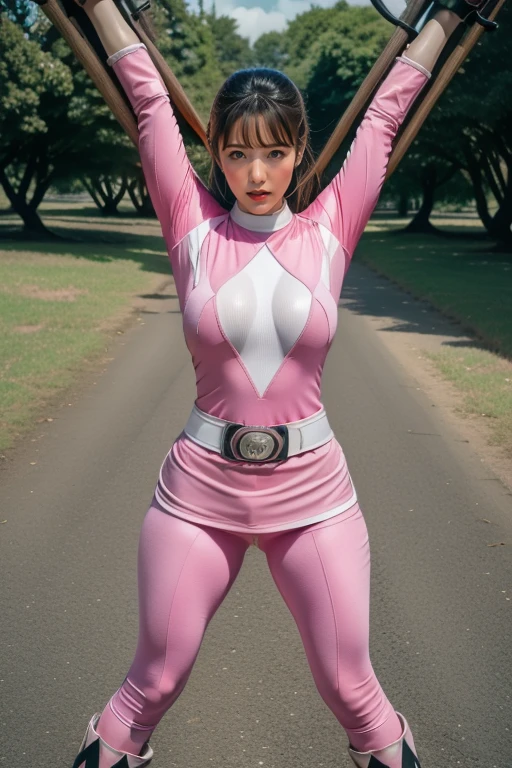 pink theme，pink ranger suit、curvy, big breats,  full body, tied on Saint Andrew's cross in X position