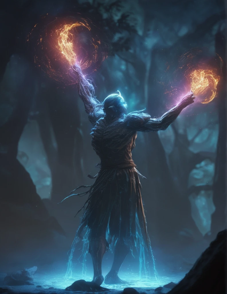 bioluminescent, fabulous, magical radiance, Concept art, depth of field, realistic, cinematic lighting, soft shadows, asymmetrical fractal, colorful, vivid colors, volumetric lighting, wind, particles, ral-crztlgls of a (Maul :1.2) , in a Elder Scrolls setting, 50s Art, Selective focus,
