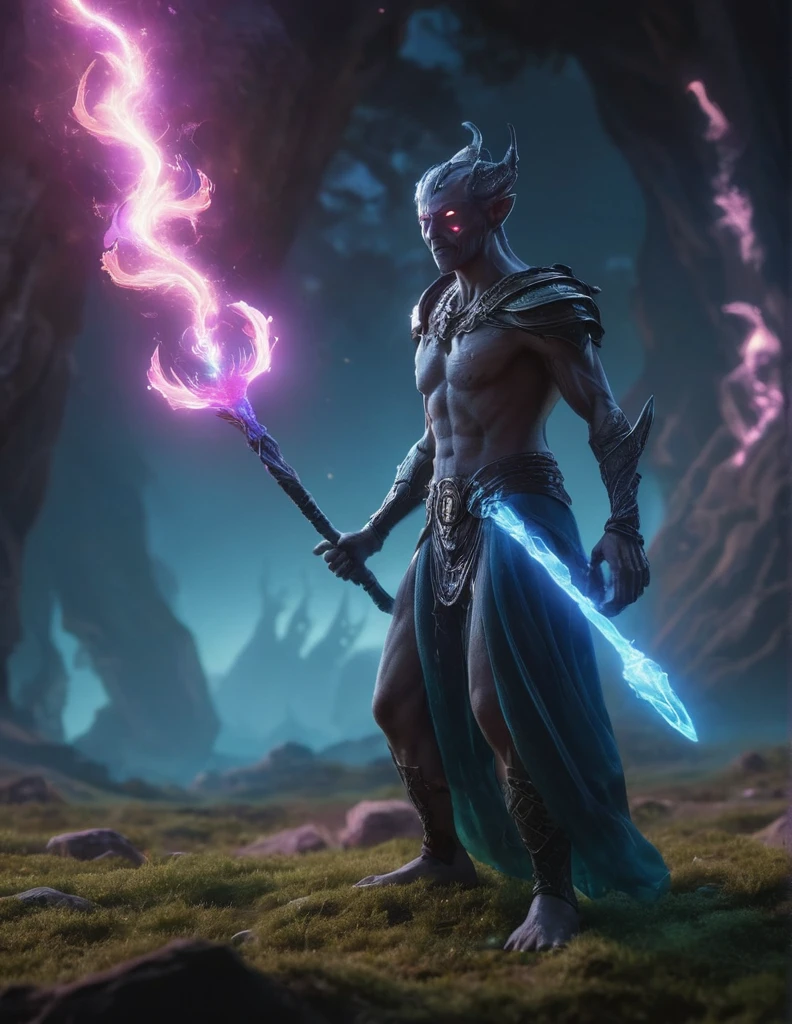 bioluminescent, fabulous, magical radiance, Concept art, depth of field, realistic, cinematic lighting, soft shadows, asymmetrical fractal, colorful, vivid colors, volumetric lighting, wind, particles, ral-crztlgls of a (Maul :1.2) , in a Elder Scrolls setting, 50s Art, Selective focus,