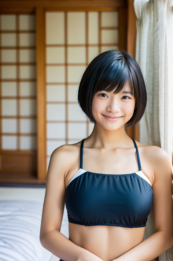 Top quality, 1 beautiful Japanese girl, (short Hair:1.3), black hair, wearing swimwear, shy-smile, upper body, at room