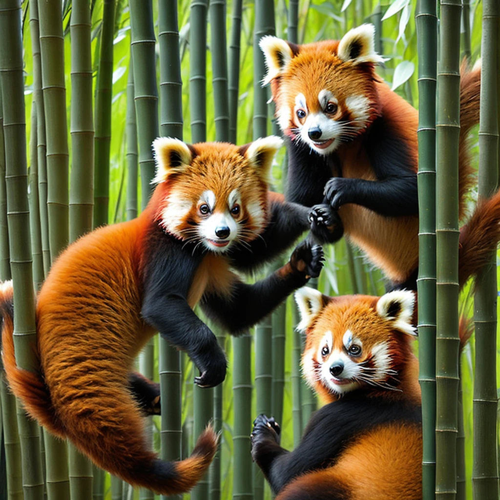Two red pandas playing happily in the bamboo forest