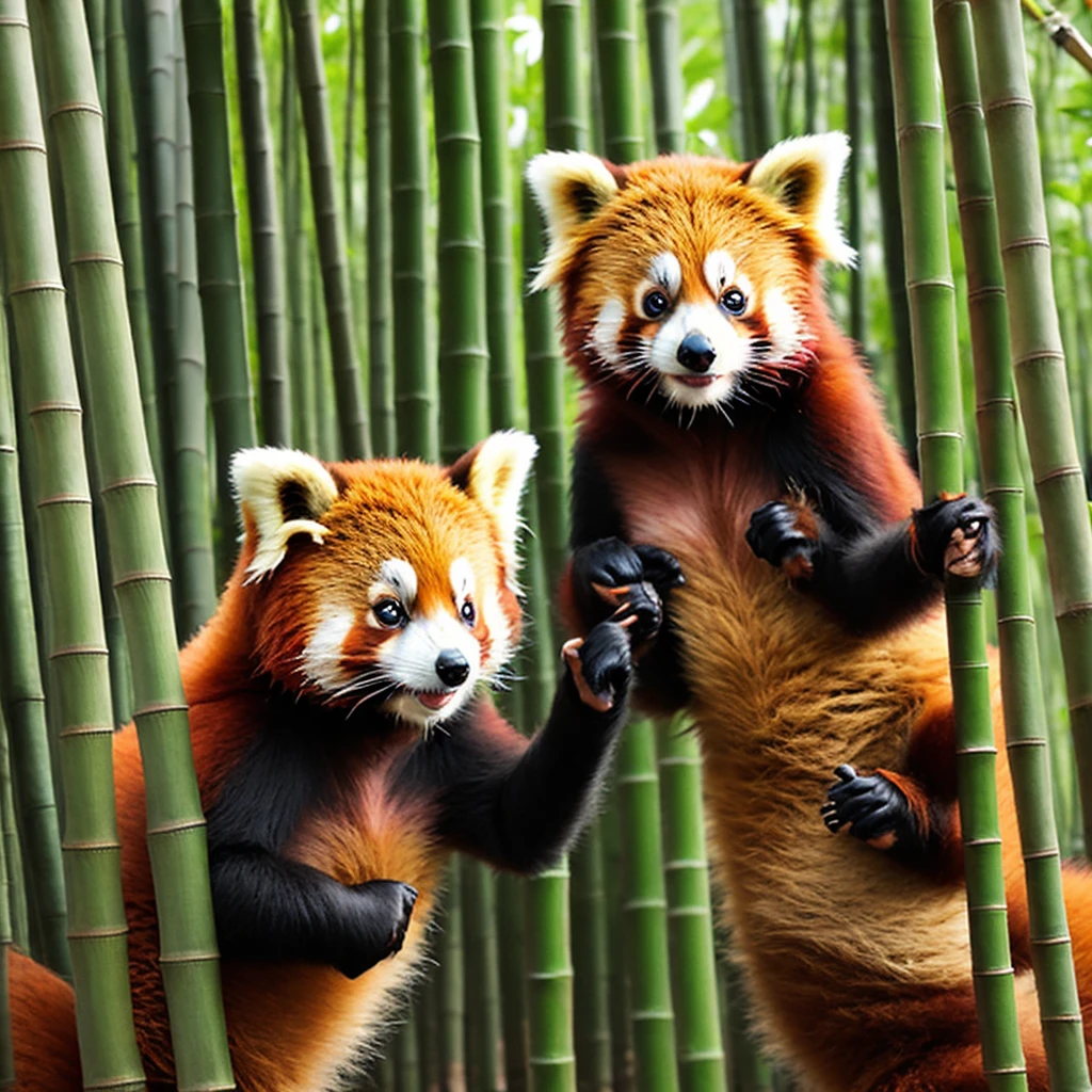 Two red pandas playing happily in the bamboo forest