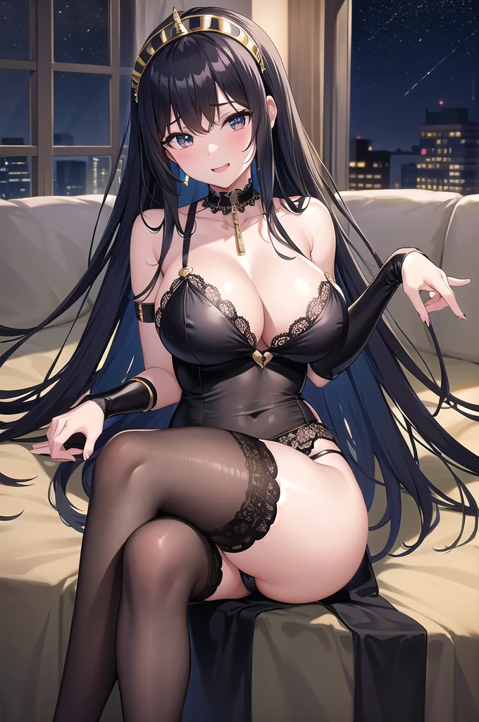 ((Anime illustration)) ,【1girl,1boy(men and women)】,In a hotel bed on a moonlit night,Beautiful night view, 【nsfw】【1boy】【penis】,((Black-haired Cleopatra)),Beautiful black bikini,((Gorgeous big breasts shining)),Lace Top Stockings,Knee-high boots,garter belt,Long satin gloves,(Laughing with your fingers),Crossing your legs,Condescending look,Provocative pose,Sexy body