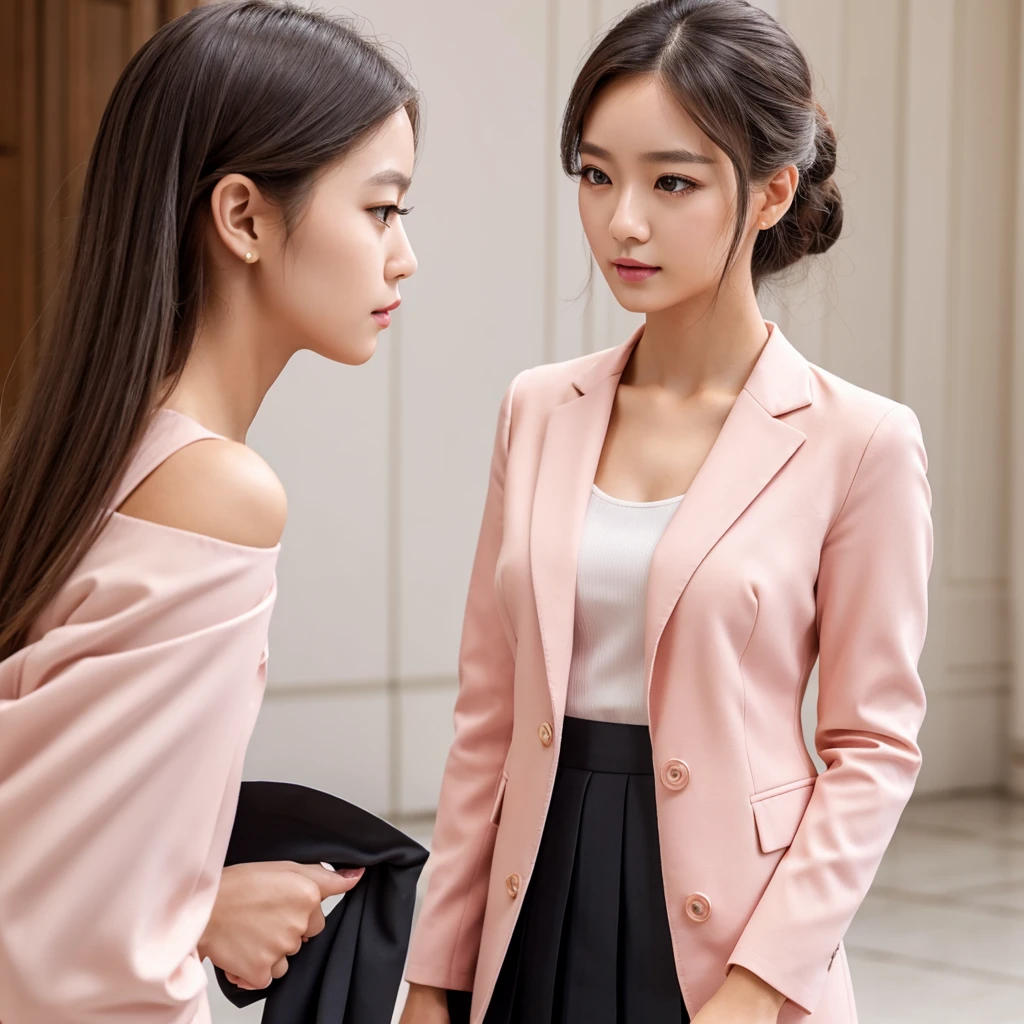 Gentle and beautiful woman, half body photo, delicate and sexy collarbone, charming oval face, double eyelids, smart peach blossom eyes, pink lips, small nose, bare shoulders, focused face, face close-up, ultra-high-definition, super Details, elegant standing, black British college style double-breasted casual loose Korean style small suit jacket, matched with black pleated skirt suit
