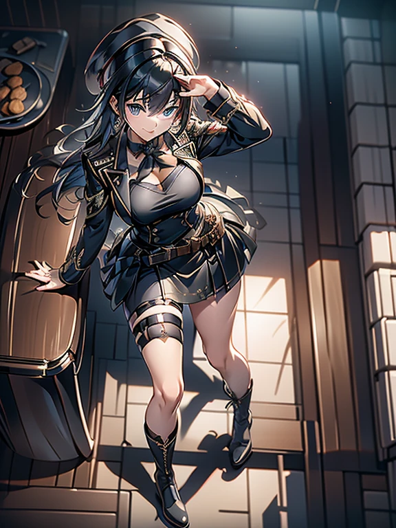 (from above:1.2),(Beautiful Allafed Woman),(((emphasizing breasts:1.0))),(Dynamic angles),(Dynamic and sexy bending pose:1.3),(sit a chair:1.3),(masterpiece:1.2), (Military uniform magazine cover:1.4),best quality,PIXIV,Sweet girl , sexy posture,1girl, (perky chest:1.2), rolling upskirt by wind:1.6, (with sparkling eyes and a contagious smile),open mouth, (pointed chest:1.2),fishnets, black hair, boots, long hair, black nails, skirt, shirt, solo, black footwear, bag, black skirt, jewelry, sitting, jacket, on head, black jacket, thigh strap, bangs, necktie, earrings, nail polish, white shirt, fishnet pantyhose, pantyhose, platform footwear, multicolored hair, looking at viewer, full body, bottle, own hands together, belt, jacket on shoulders, food, animal on head, black necktie, ring, choker, english text, collared shirt, blue eyes, platform boots, hat, cross-laced footwear, lace-up boots ,A scene of cooking in the kitchen
