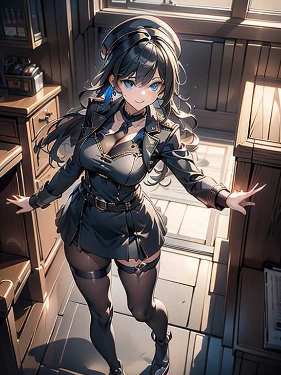 (from above:1.2),(Beautiful Allafed Woman),(((emphasizing breasts:1.0))),(Dynamic angles),(Dynamic and sexy bending pose:1.3),(sit a chair:1.3),(masterpiece:1.2), (Military uniform magazine cover:1.4),best quality,PIXIV,Sweet girl , sexy posture,1girl, (perky chest:1.2), rolling upskirt by wind:1.6, (with sparkling eyes and a contagious smile),open mouth, (pointed chest:1.2),fishnets, black hair, boots, long hair, black nails, skirt, shirt, solo, black footwear, bag, black skirt, jewelry, sitting, jacket, on head, black jacket, thigh strap, bangs, necktie, earrings, nail polish, white shirt, fishnet pantyhose, pantyhose, platform footwear, multicolored hair, looking at viewer, full body, bottle, own hands together, belt, jacket on shoulders, food, animal on head, black necktie, ring, choker, english text, collared shirt, blue eyes, platform boots, hat, cross-laced footwear, lace-up boots ,A scene of cooking in the kitchen