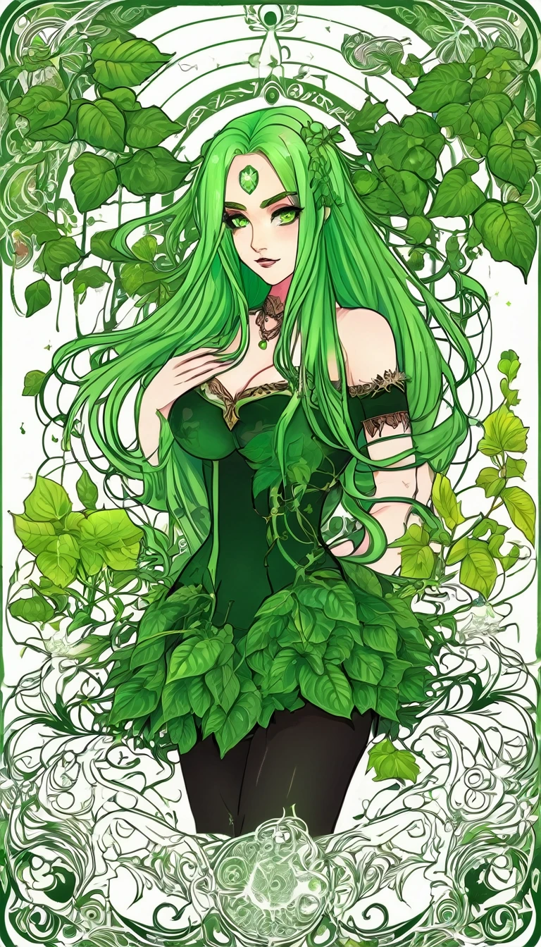beautiful dlyad girl, long green hair, large breasts, full body, personified, fantasy, expressive eyes, beautiful face, leaves, weeds, sprouts, trees, soil, ethereality, fantasy card game frame, psychedelic, psychedelic delusion, masterpiece