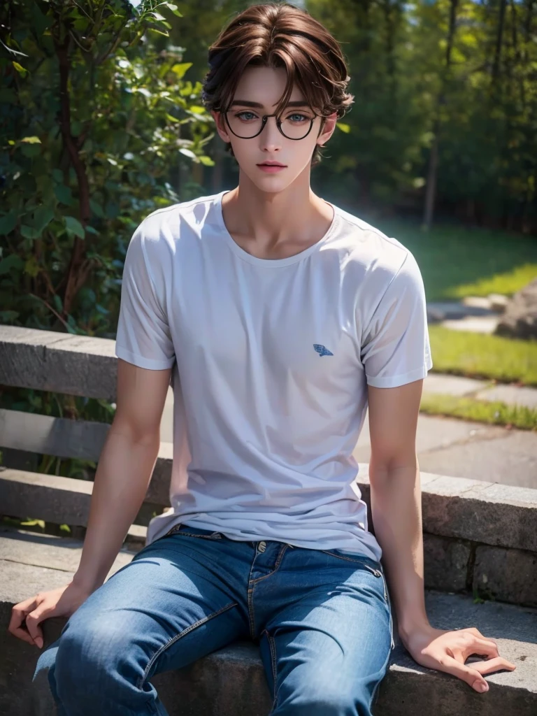 1 male teenager, deep blue eyes, curly brown hair, pale smooth skin, sitting outdoors, skinny jeans, plaid shirt, t-shirt, model, high detailed, hyperrealistic, 8k, ultra detailed, masterpiece, cinematic lighting, professional photography, natural setting, warm color tones, pale skin ultra realistic soft smooth skin, soft smile, wearing glasses