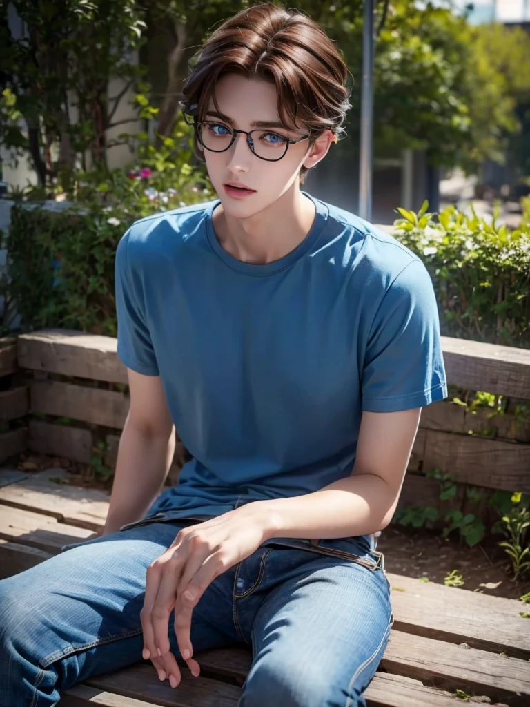 1 male teenager, deep blue eyes, curly brown hair, pale smooth skin, sitting outdoors, skinny jeans, plaid shirt, t-shirt, model, high detailed, hyperrealistic, 8k, ultra detailed, masterpiece, cinematic lighting, professional photography, natural setting, warm color tones, pale skin ultra realistic soft smooth skin, soft smile, wearing glasses