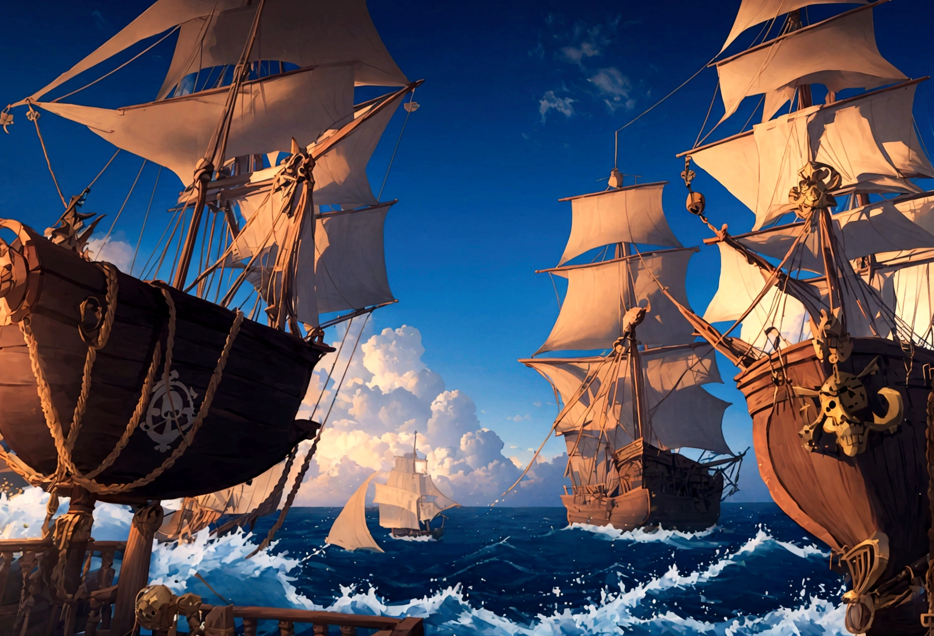 There is a pirate ship on the sea、3D illustration of a fish jumping over it