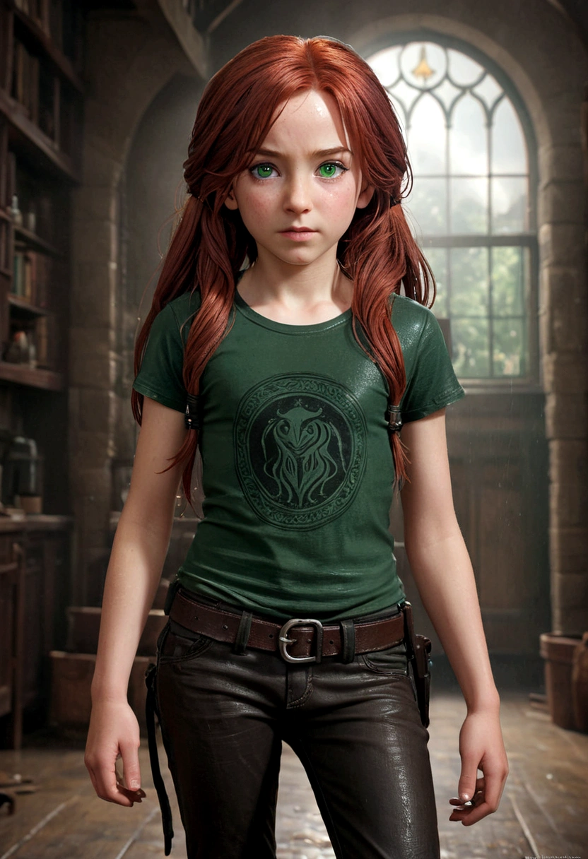 a young 9--old ghter of severus snape, realisticlying、女の子 1 人、red hair、Longhaire、((Twin-tailed))、cowboy shot、radiant green eyes、((Wet T-shirt)), pointed Nipple、((leather pant))、Taken from the front, ((Put your hands on your hips))