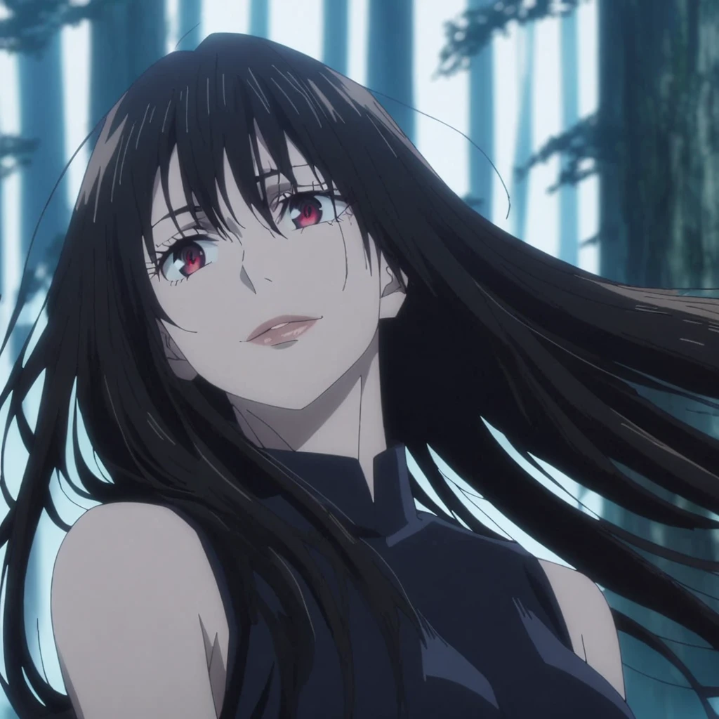 1girl, anime screencap from jujutsu kaisen, solo, very long_hair, ((smooth texture hair)) purple eyes, ((long hair, black hair, hair parted from middle, hair flowing on her shoulder, remaining tied back, red_eye)), breasts, upper_body, smile, forest background, red_eyes, lips, ((long black hair, elegant hairstyle,red_eye)) wearing black color clothes, breast, "very detailed and high resolution" (red eyes) ((cross arms))  ((smooth texture hair)) ((solo)) ((high resolution)) (Good quality) 