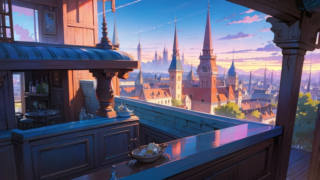 Anime Style,Nostalgic,Detailed background,Magical World,A lively bar with lots of people,Beautiful sky,Bard's Smiling Beauty,guitar,Large Breasts,Healthy thighs
