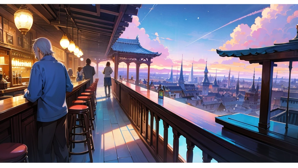 Anime Style,Nostalgic,Detailed background,Magical World,A lively bar with lots of people,Beautiful sky,Bard's Smiling Beauty,guitar,Large Breasts,Healthy thighs